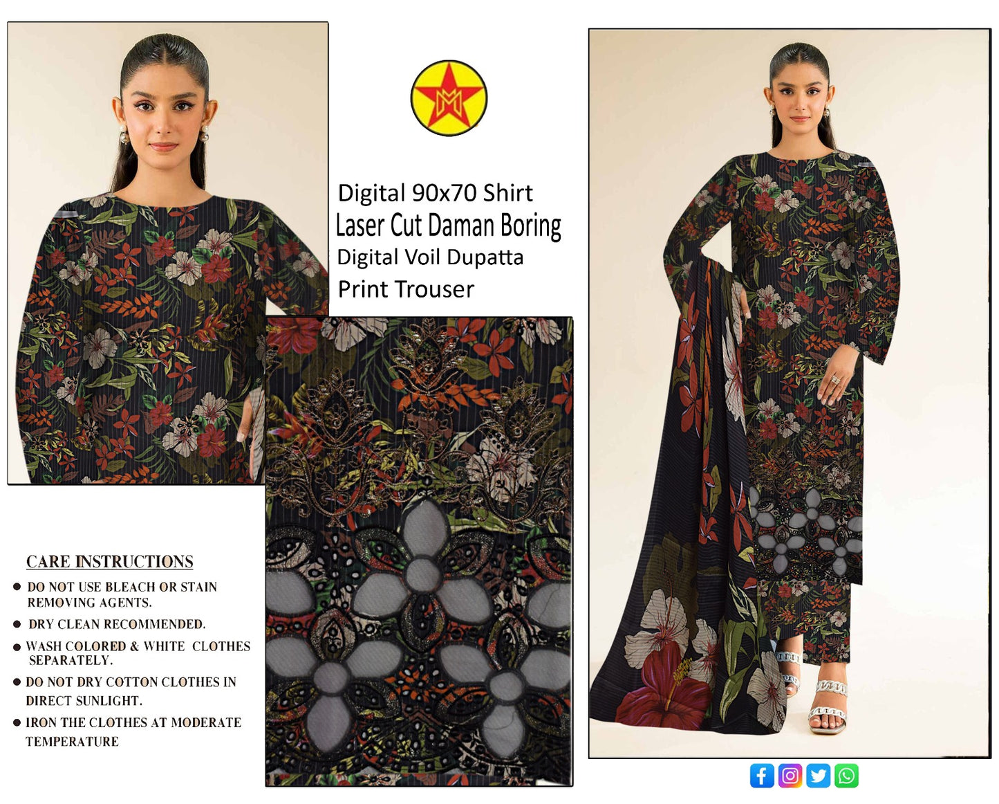 3 pc lawn unstich suit with Laser cut Daman