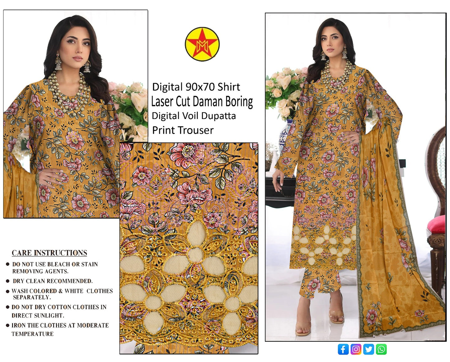 3 pc lawn unstich suit with Laser cut Daman