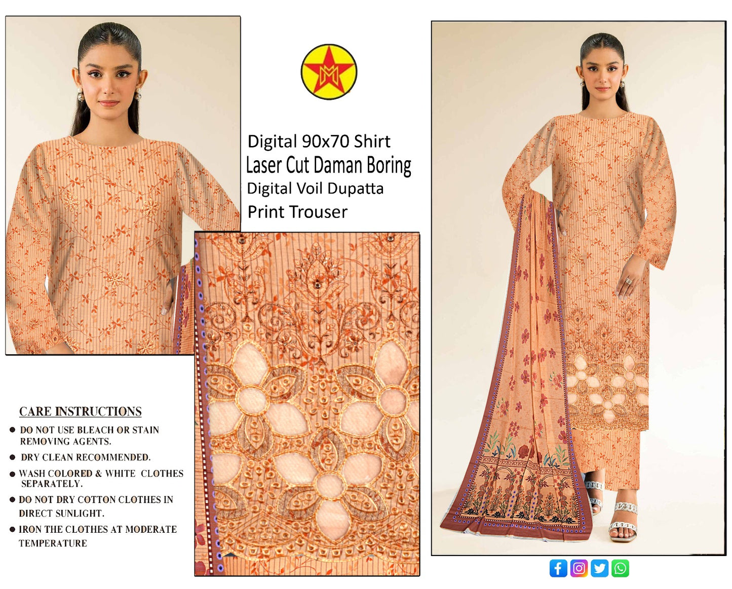 3 pc lawn unstich suit with Laser cut Daman