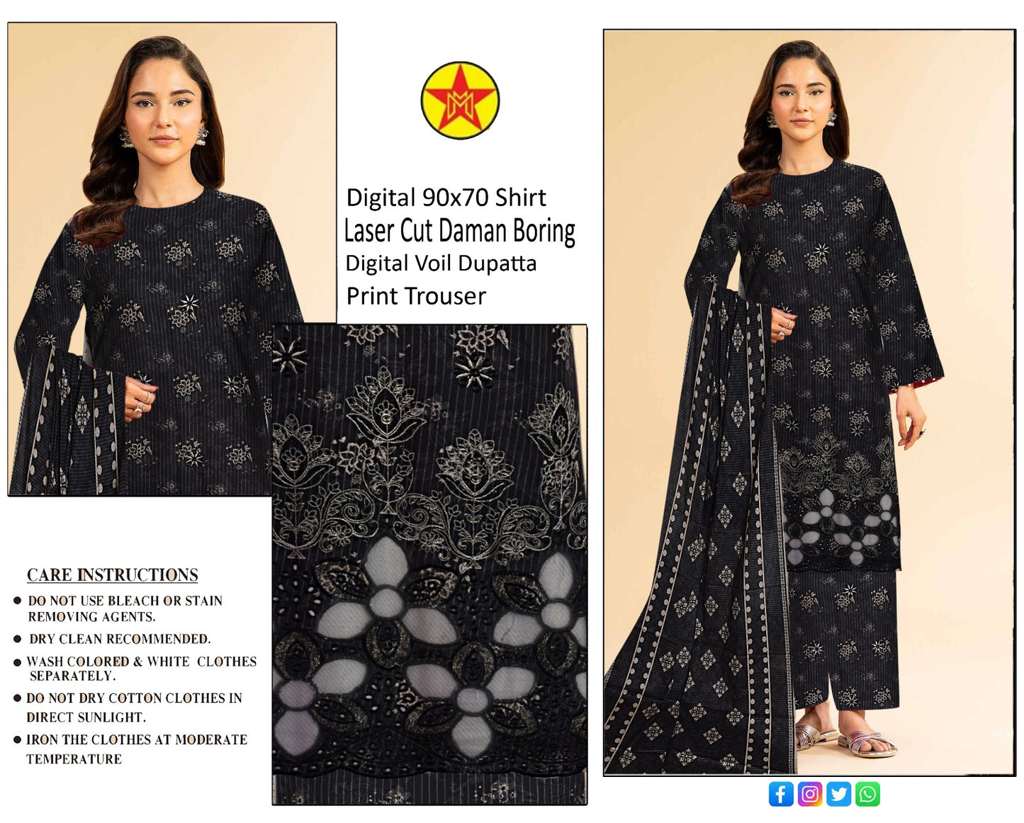 3 pc lawn unstich suit with Laser cut Daman