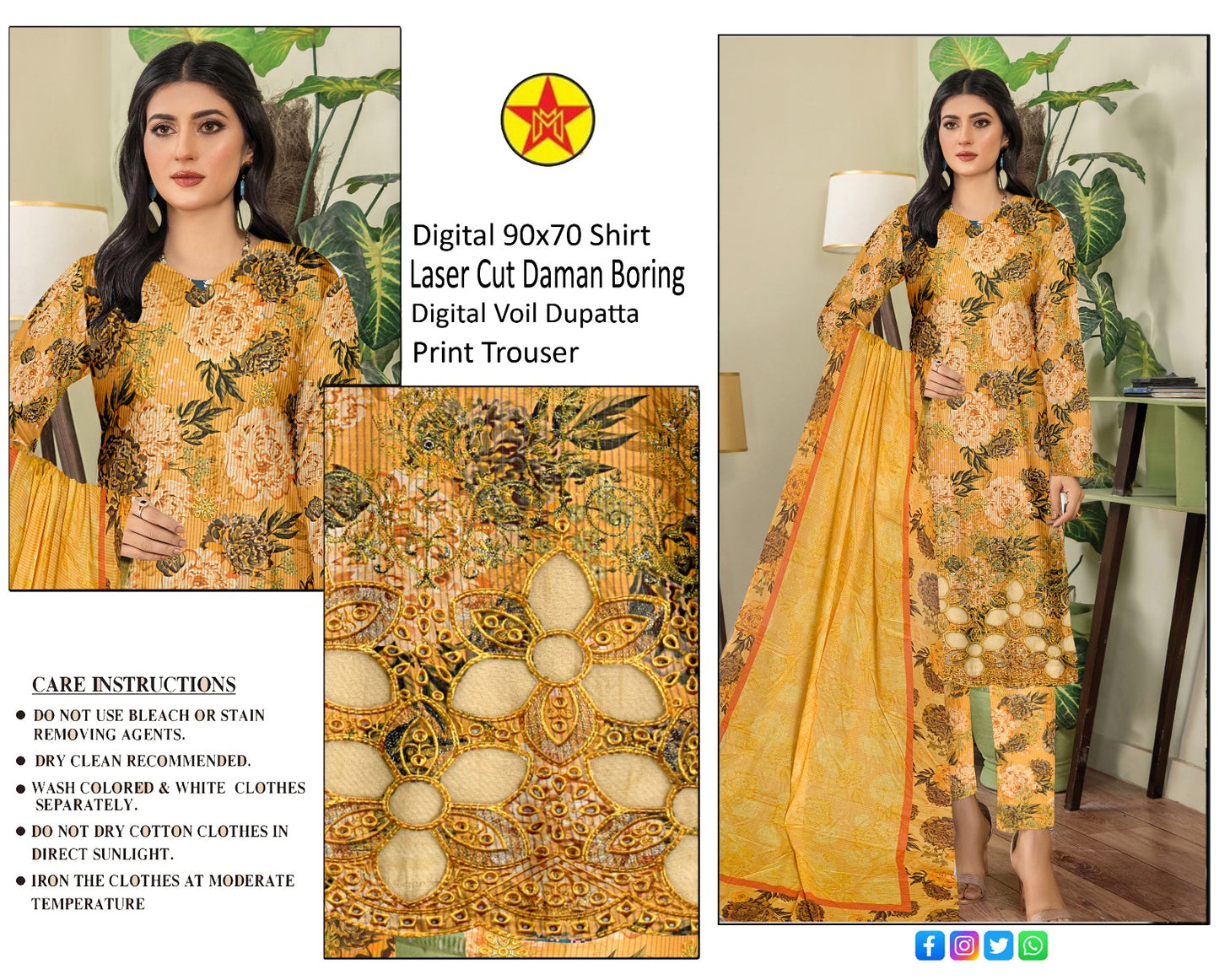 3 pc lawn unstich suit with Laser cut Daman
