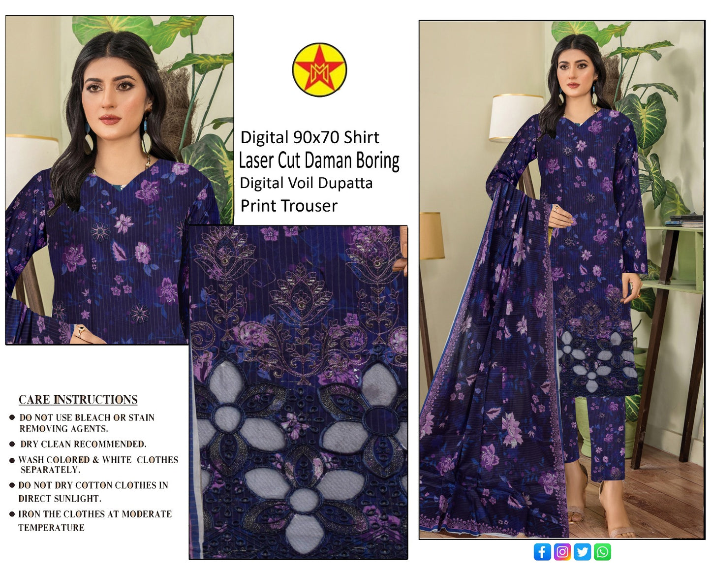 3 pc lawn unstich suit with Laser cut Daman