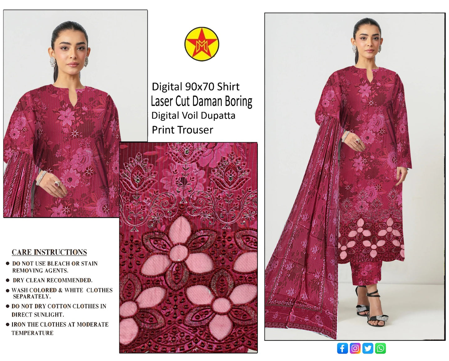 3 pc lawn unstich suit with Laser cut Daman