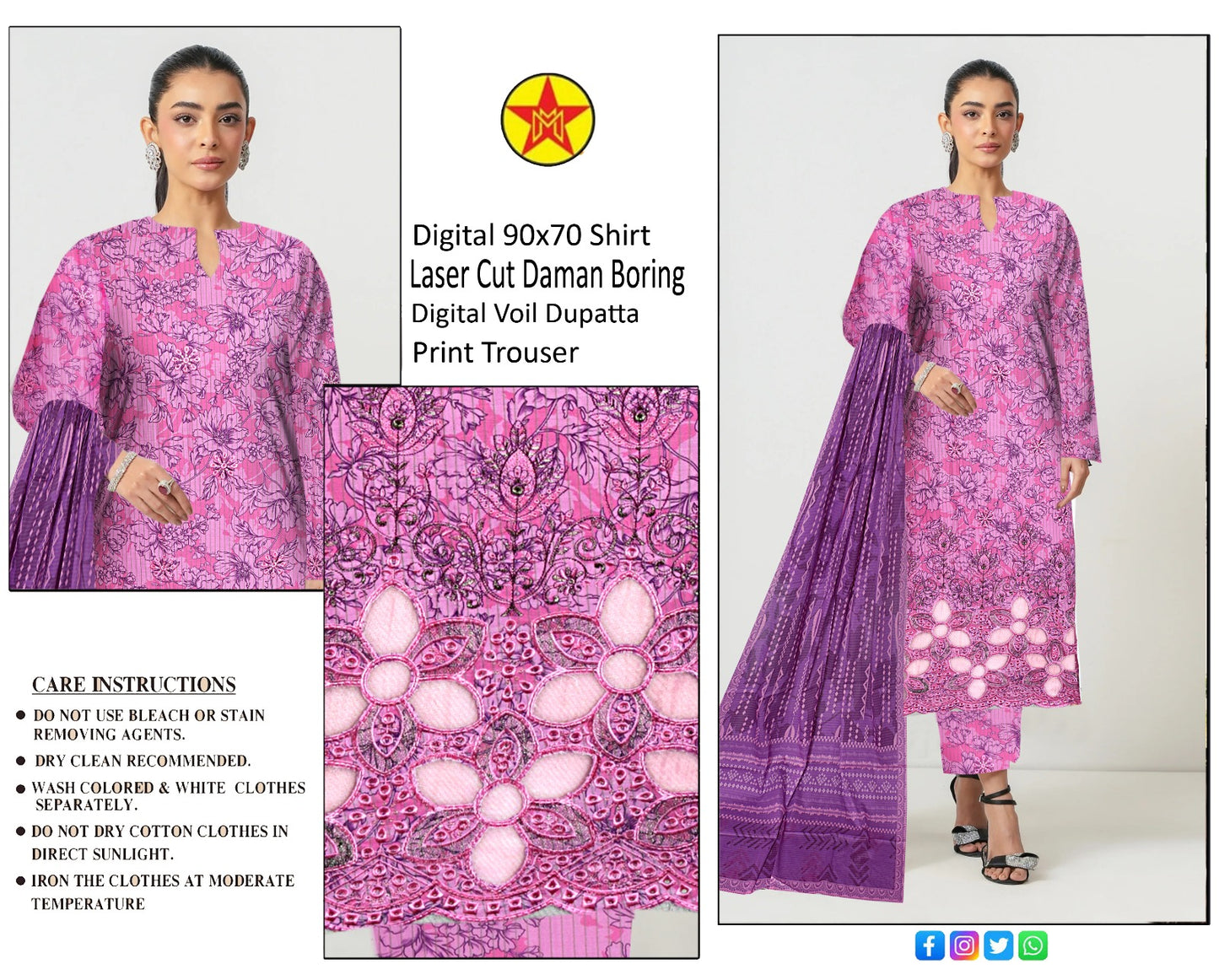 3 pc lawn unstich suit with Laser cut Daman