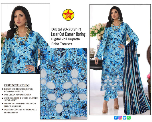 3 pc lawn unstich suit with Laser cut Daman