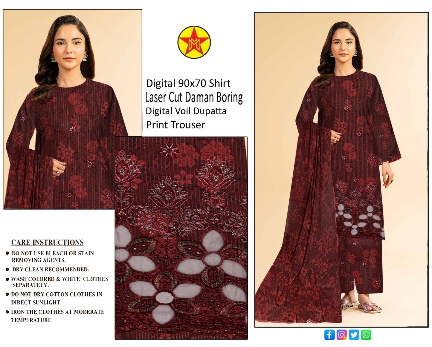 3 pc lawn unstich suit with Laser cut Daman