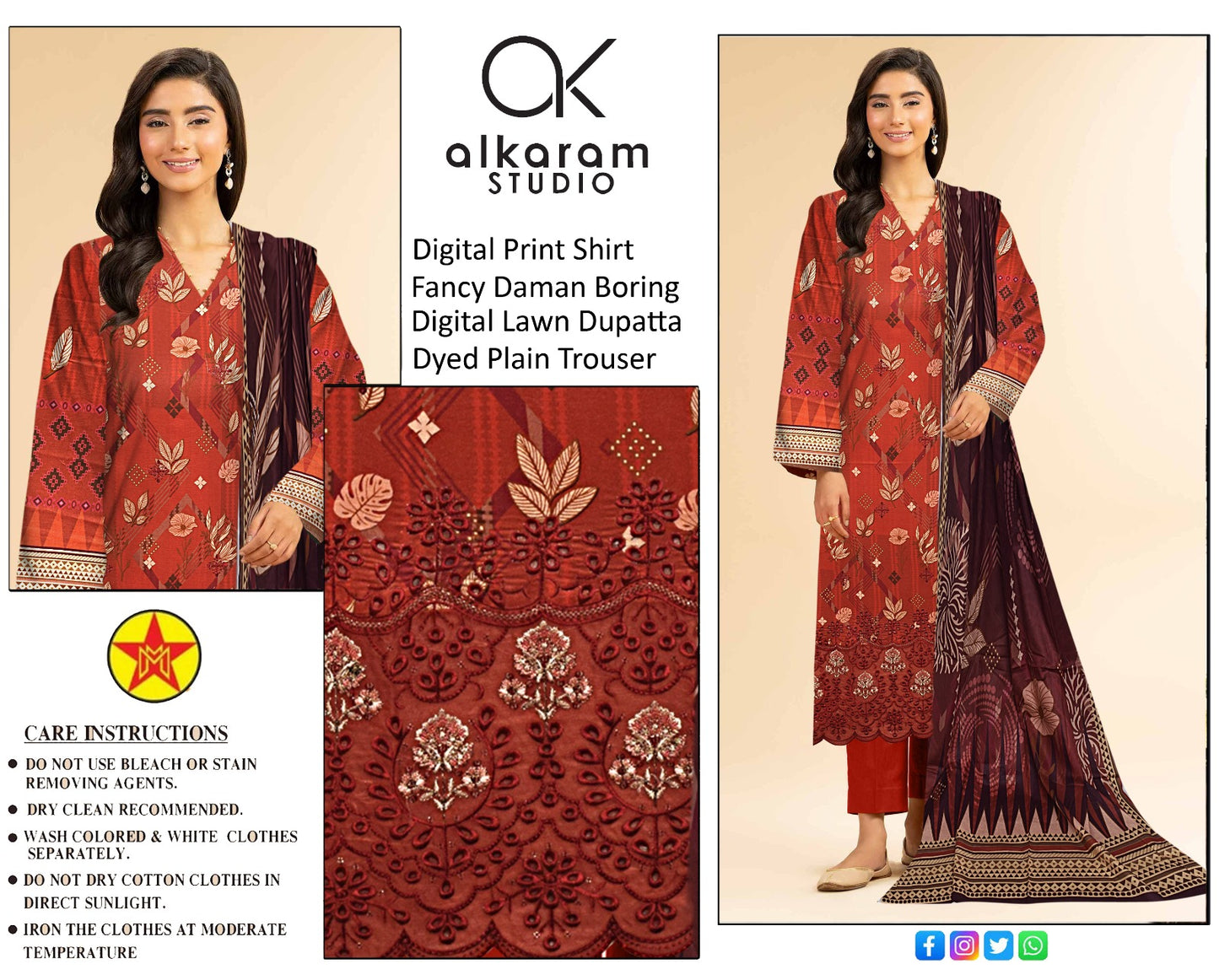 3 PC UNSTICH SUIT WITH FANCY DAMAN BORING AND DIGITAL DUPATTA