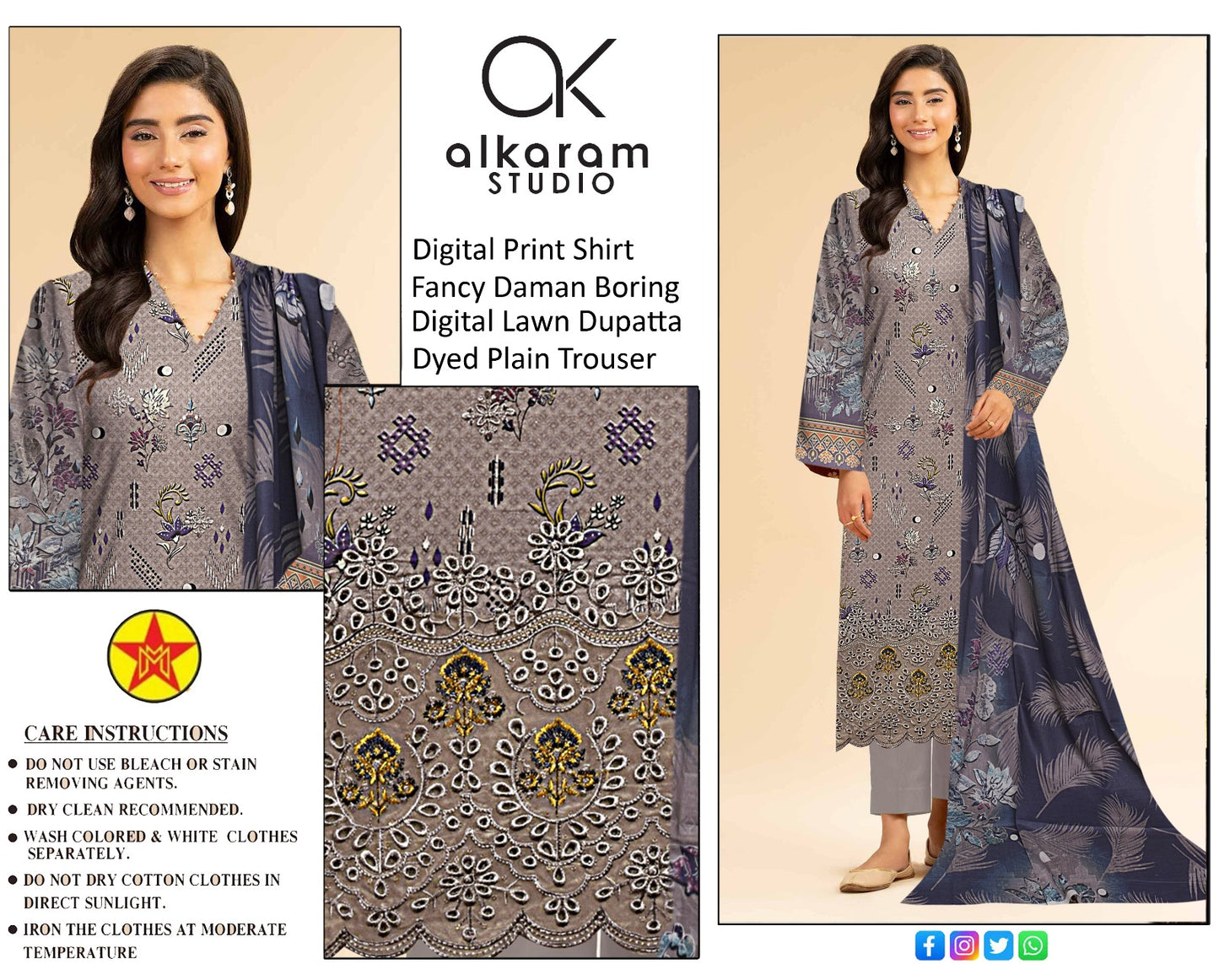 3 PC UNSTICH SUIT WITH FANCY DAMAN BORING AND DIGITAL DUPATTA