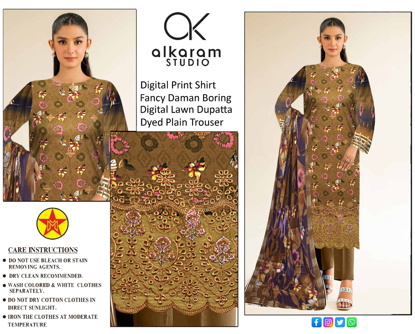 3 PC UNSTICH SUIT WITH FANCY DAMAN BORING AND DIGITAL DUPATTA