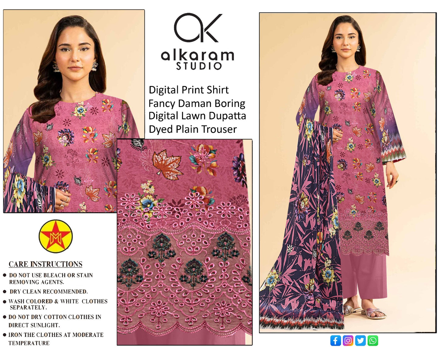 3 PC UNSTICH SUIT WITH FANCY DAMAN BORING AND DIGITAL DUPATTA