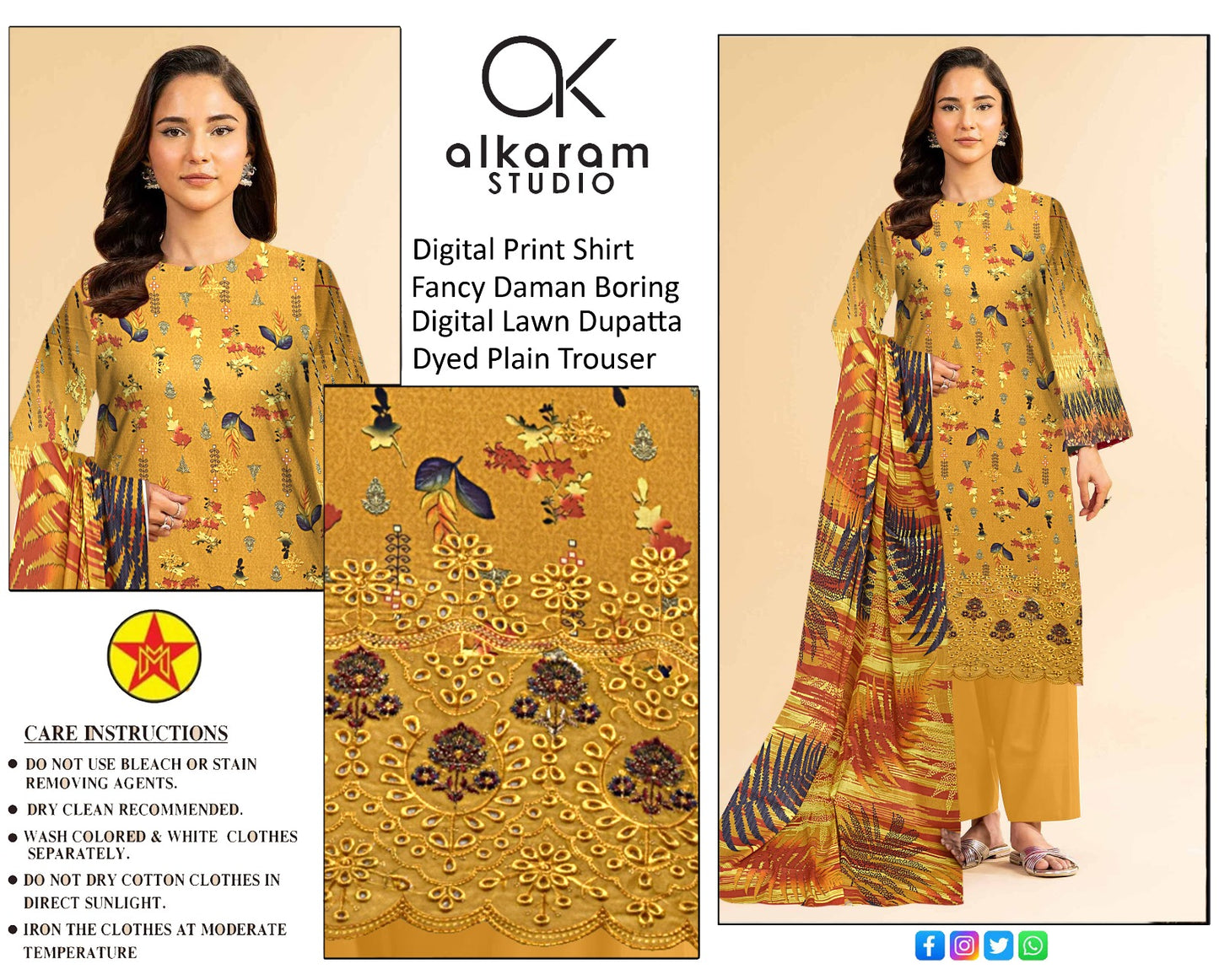 3 PC UNSTICH SUIT WITH FANCY DAMAN BORING AND DIGITAL DUPATTA