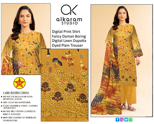 3 PC UNSTICH SUIT WITH FANCY DAMAN BORING AND DIGITAL DUPATTA