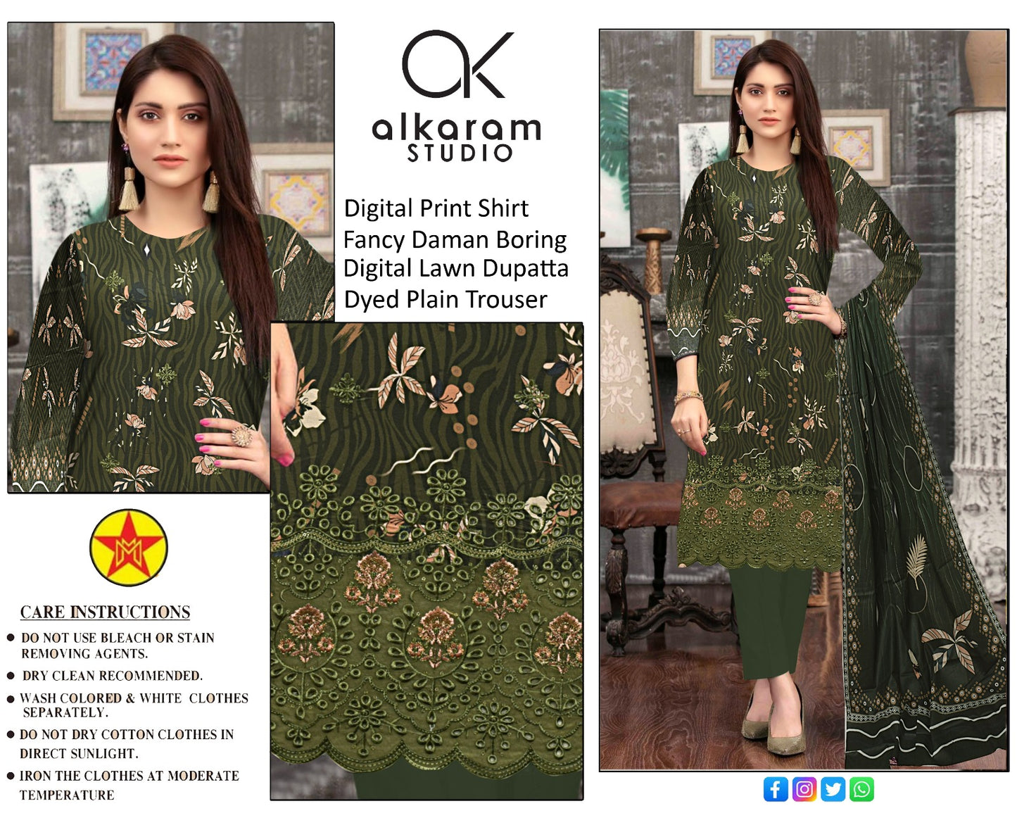 3 PC UNSTICH SUIT WITH FANCY DAMAN BORING AND DIGITAL DUPATTA